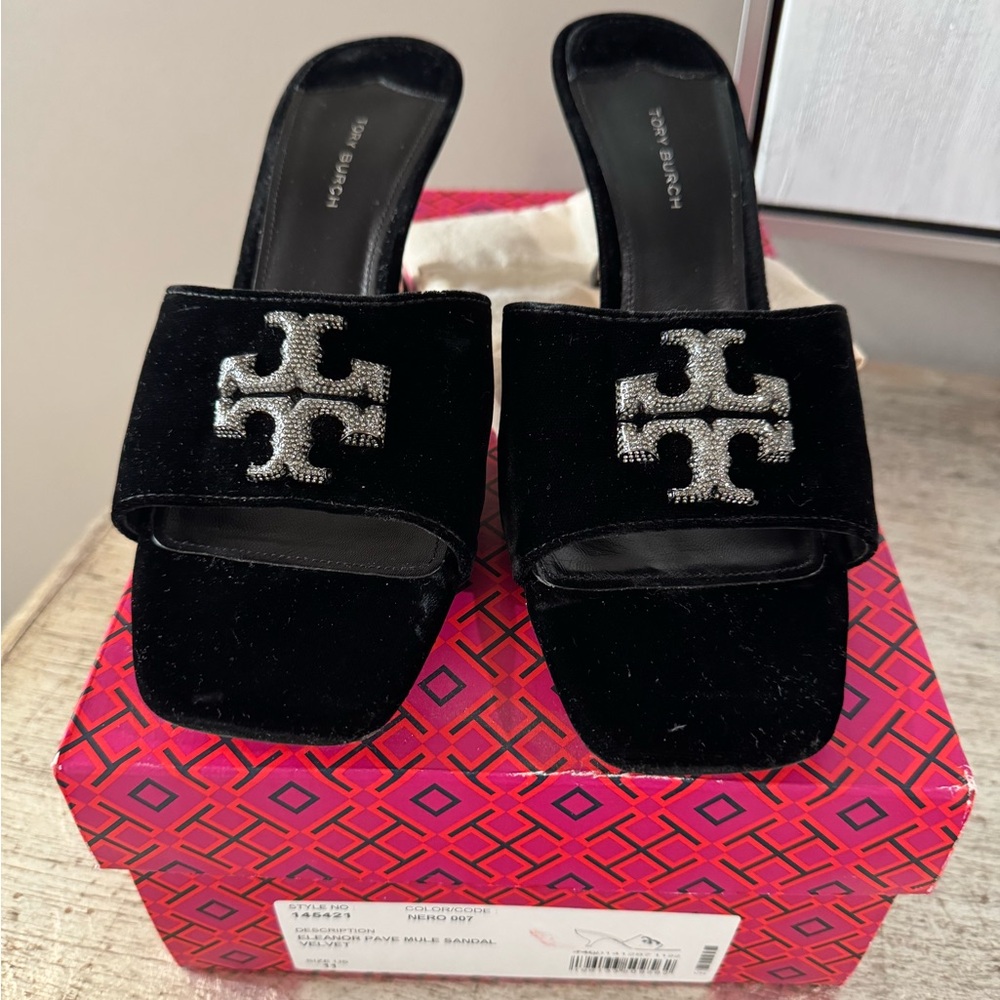 Tory Burch Eleanor Pave Mule Sandal - Black Slides - Size 11